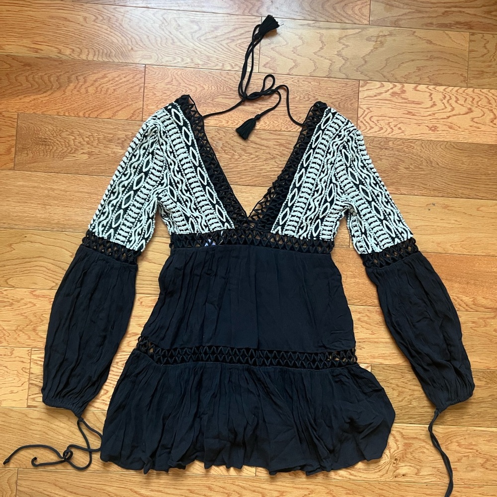 Free People embroidered gauze mini dress boho crochet panel size 0